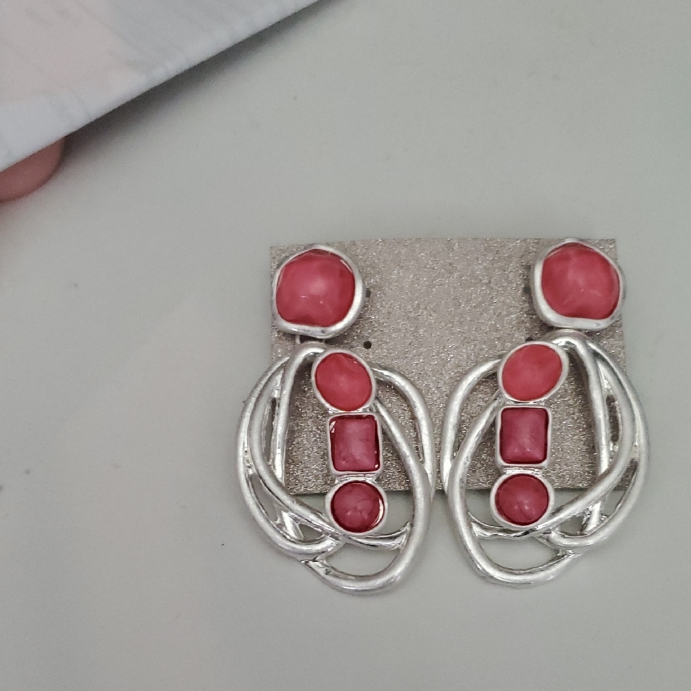 Elegant Silver And Coral Stone Earrings